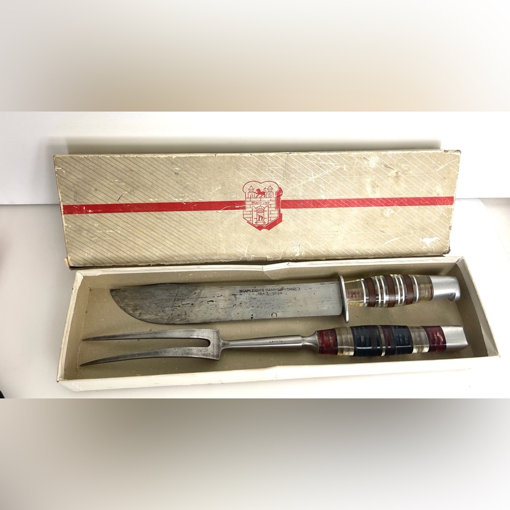 Vintage Shapleigh’s Hammer Forged Knife And LAMSON Carving Fork Clear Handles